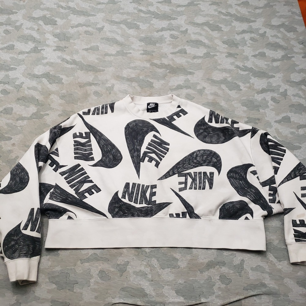 Nike Crop Sweatshirt Womens Large White Pullover AOP Fleece